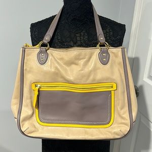 Coach leather duo tone shoulder tote handbag